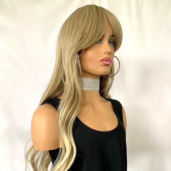 Long Ash Blonde Curling Iron Safe Fiber Wig with Bangs/Effortless Style - Picture 6 of 15